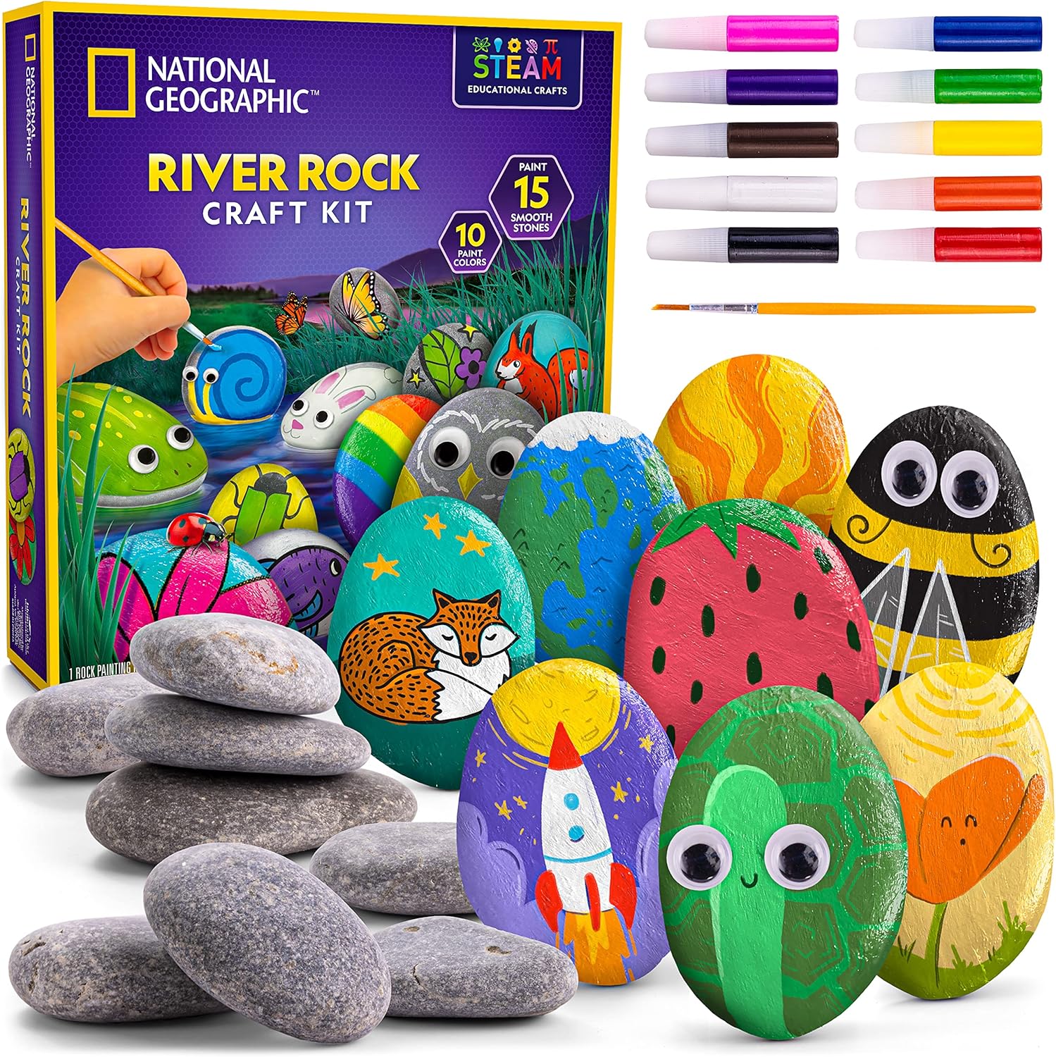 National Geographic rock painting kit front view of packaging showing colorful painted stones and included art supplies.