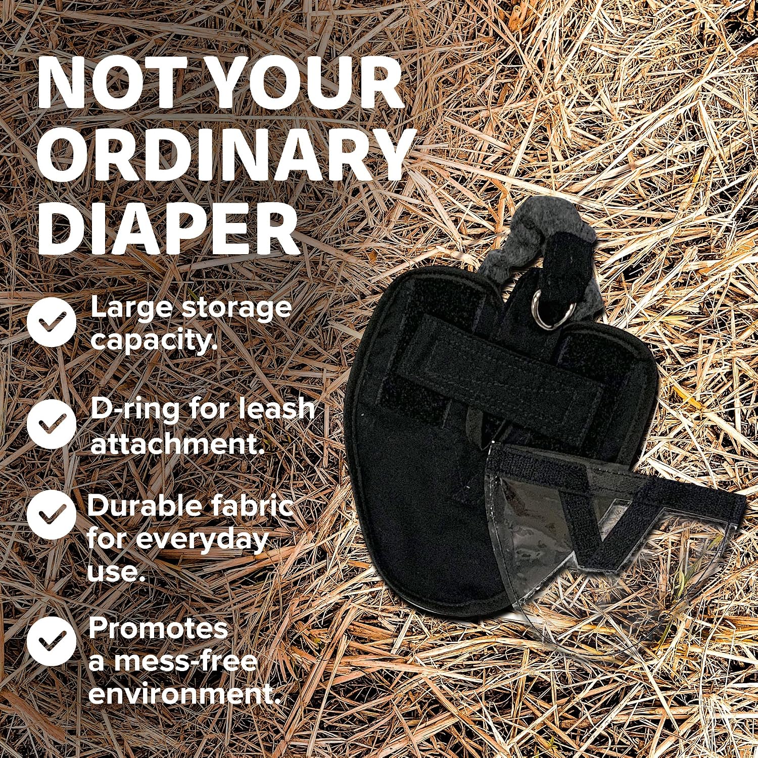 Secure hook and loop closure tabs on black bird harness