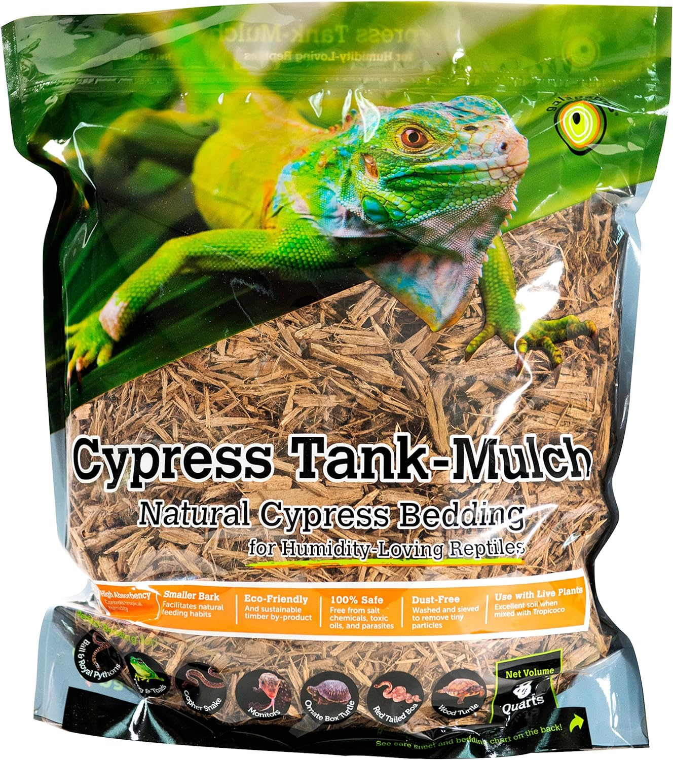 Galapagos Cypress Tank Mulch Forest Floor Bedding 8 Quart front packaging view natural reptile substrate