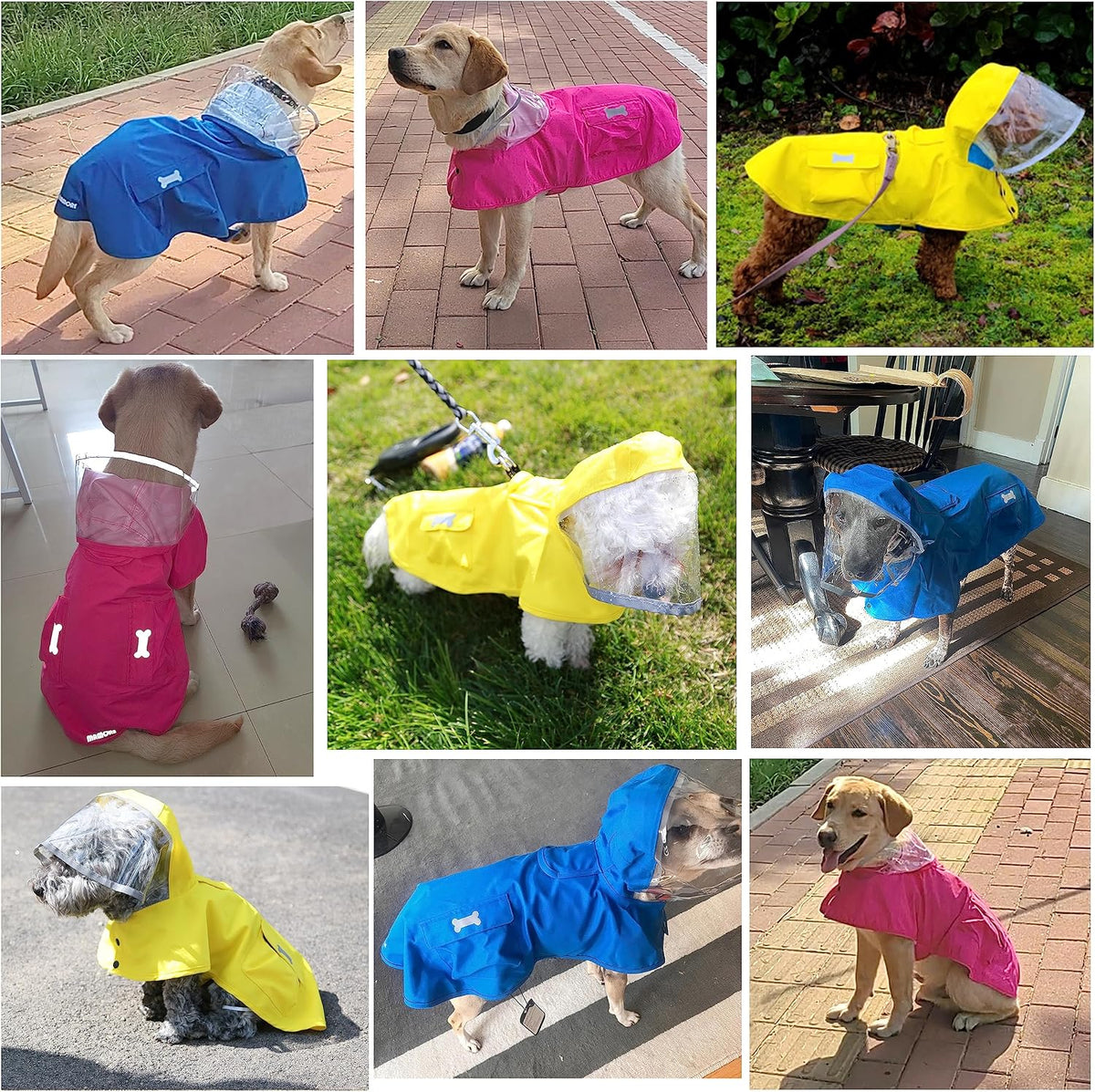 Waterproof dog raincoat with poncho hood viewed from the side profile on a large dog