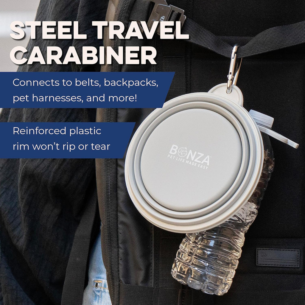Bonza dog travel bowl attached with carabiner clip