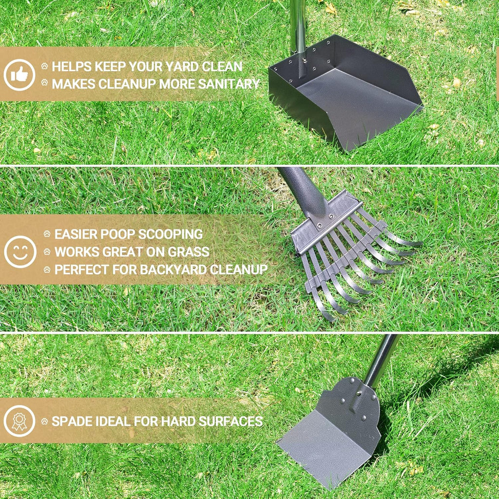 Interlocking clip on handle mechanism of the durable metal dog rake.