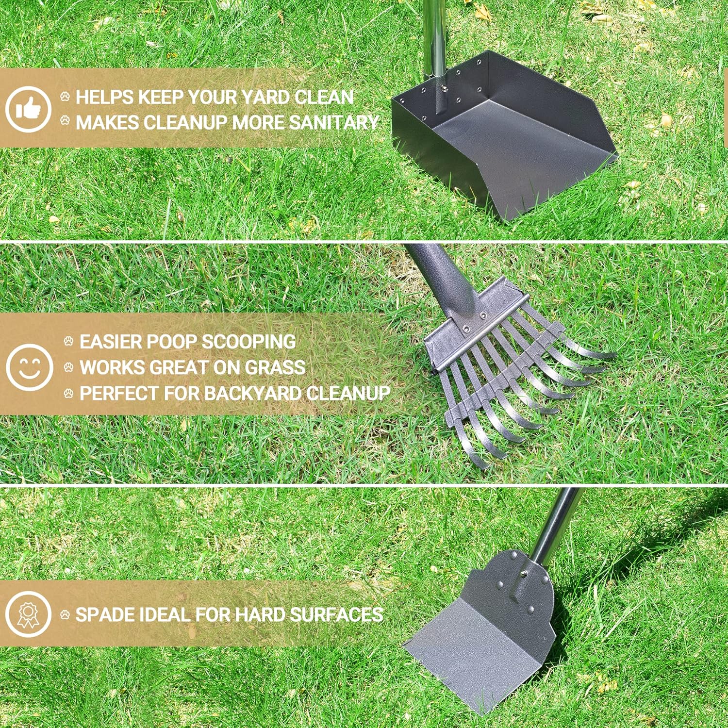 Interlocking clip on handle mechanism of the durable metal dog rake.