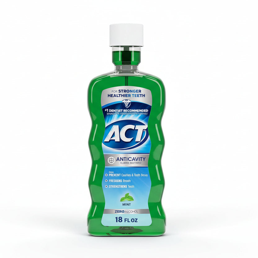 ACT Anticavity Zero Alcohol Fluoride Mouthwash Mint 18 Fluid Ounce bottle front view for cavity protection