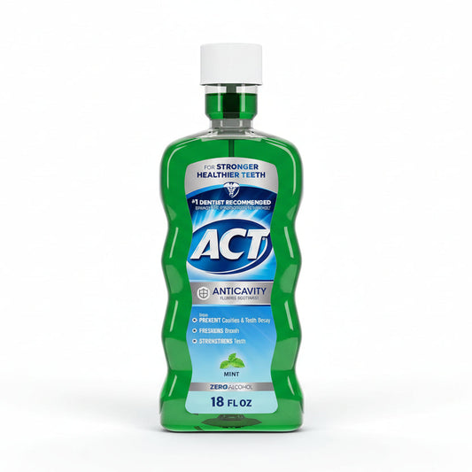 ACT Anticavity Zero Alcohol Fluoride Mouthwash Mint 18 Fluid Ounce bottle front view for cavity protection