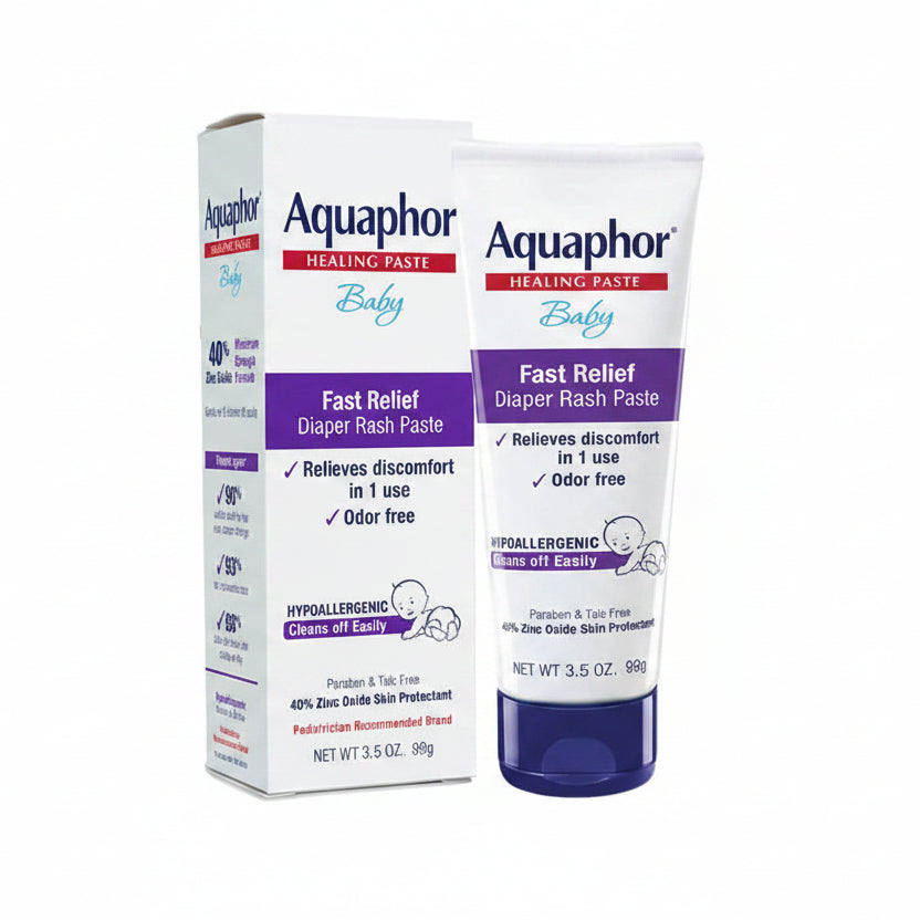 Aquaphor Baby Diaper Rash Paste front view of the packaging tube for infant skin protection