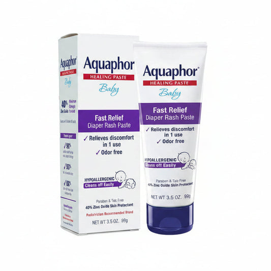 Aquaphor Baby Diaper Rash Paste front view of the packaging tube for infant skin protection