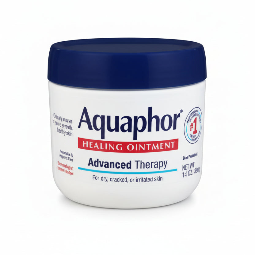Aquaphor Healing Ointment Advanced Therapy fourteen ounce jar front view showcasing skin protectant benefits