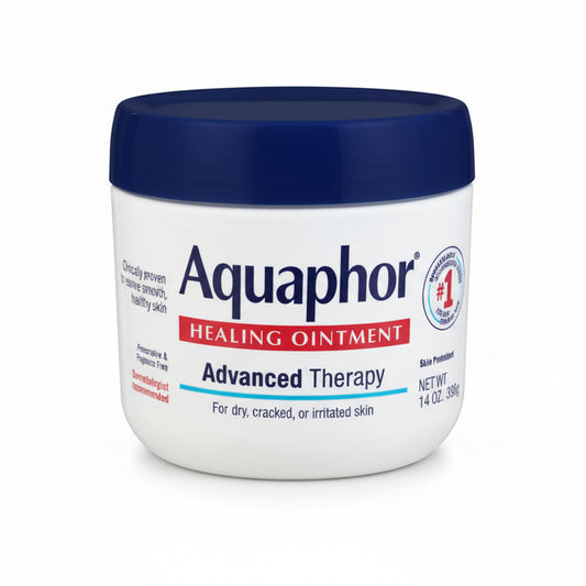 Aquaphor Healing Ointment Advanced Therapy fourteen ounce jar front view showcasing skin protectant benefits
