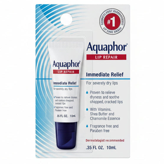 Aquaphor Lip Repair Ointment front view of packaging for dry lips