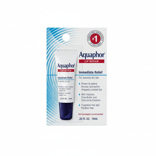 Aquaphor Lip Repair Ointment front view of packaging for dry lips