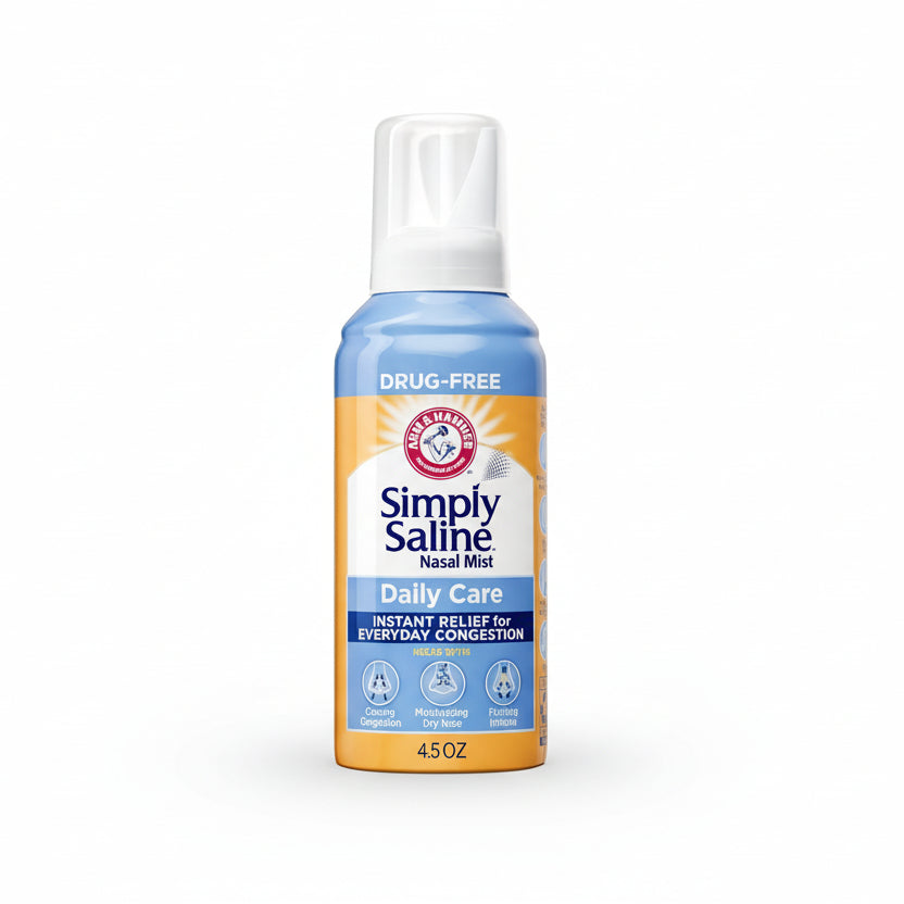 Arm and Hammer Simply Saline Adult Nasal Mist front view sterile saline spray for congestion relief