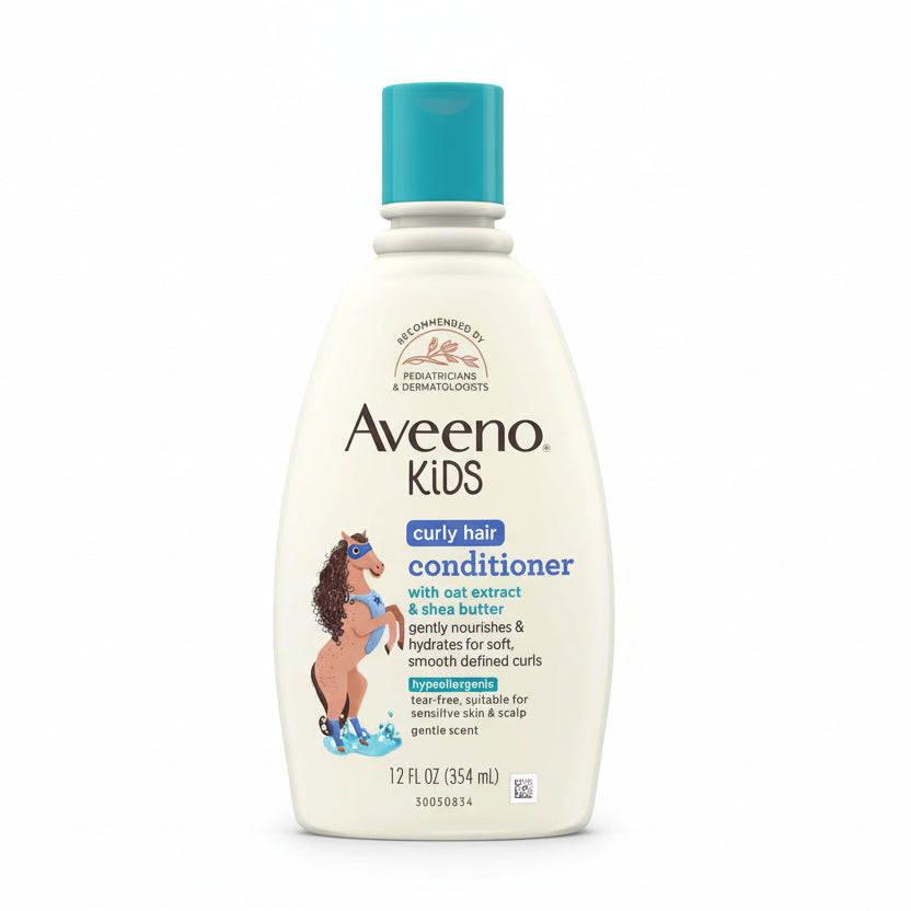 Aveeno Baby Kids Curly Hair Conditioner front view bottle with oat extract and shea butter formulation