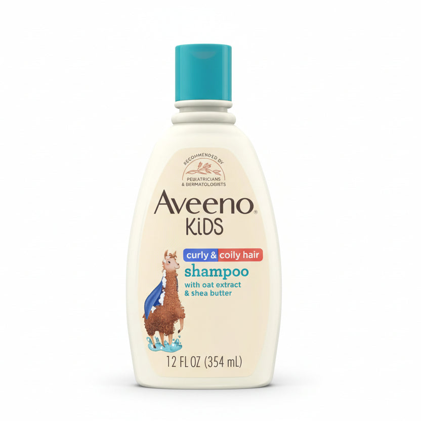 Aveeno Baby Kids Curly Hair Shampoo front view of bottle for defining curls.