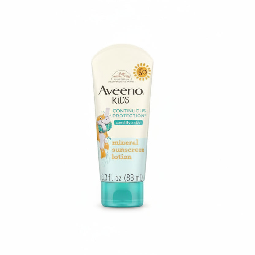 Aveeno Kids Continuous Protection Mineral Sunscreen Lotion front view showcasing SPF 50 broad spectrum label.