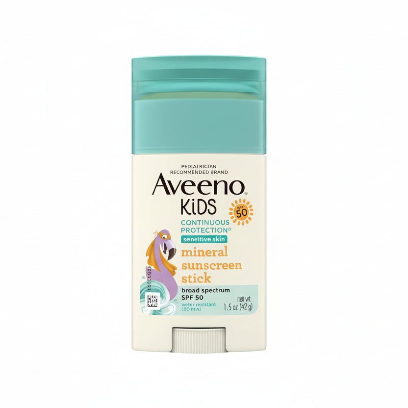 Aveeno Kids Mineral Sunscreen Stick SPF 50 front view showing authentic imported packaging for kids sun protection