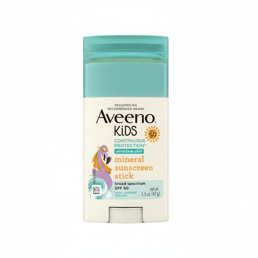 Aveeno Kids Mineral Sunscreen Stick SPF 50 front view showing authentic imported packaging for kids sun protection