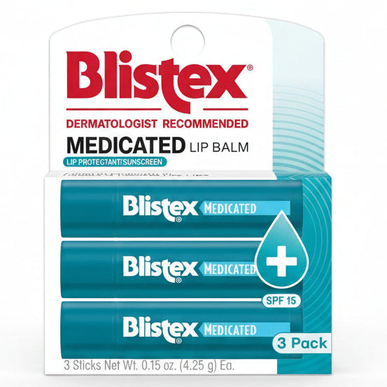 Blistex Medicated Lip Balm SPF 15 three count pack front view showcasing authentic USA packaging
