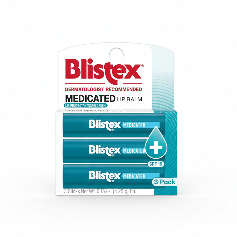 Blistex medicated lip balm three pack front view for dry lips protection