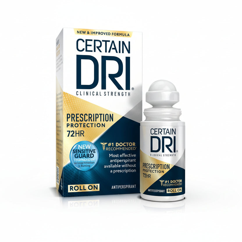 Certain Dri Prescription Strength Clinical Antiperspirant Roll-On front view showing packaging details for hyperhidrosis treatment