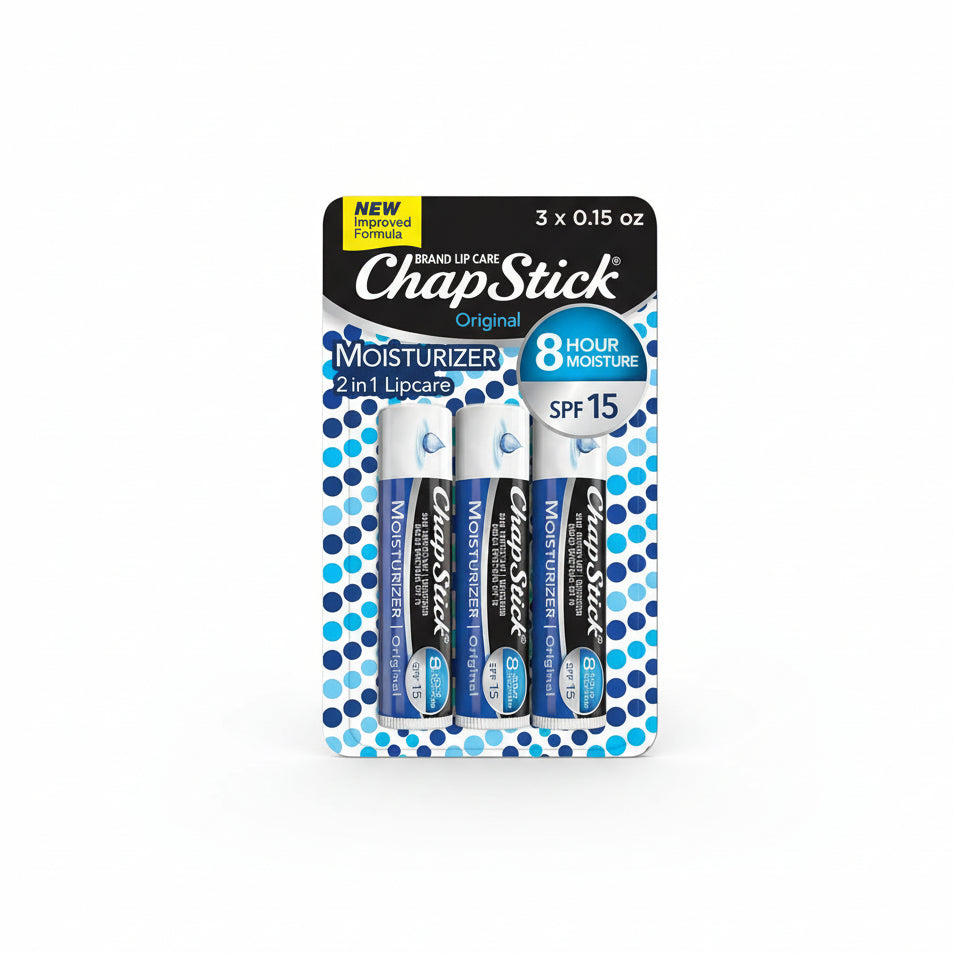 ChapStick Original Moisturizer Lip Balm SPF 15 three pack front view packaging