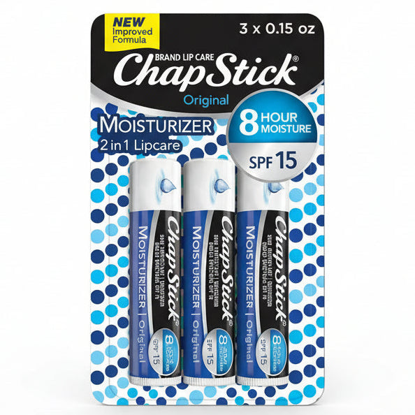 ChapStick Original Moisturizer Lip Balm SPF 15 three pack front view packaging