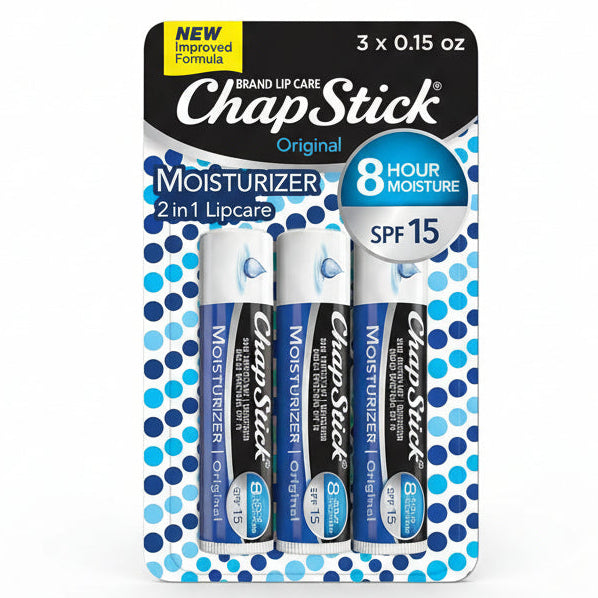 ChapStick Original Moisturizer Lip Balm SPF 15 three pack front view displaying authentic packaging.