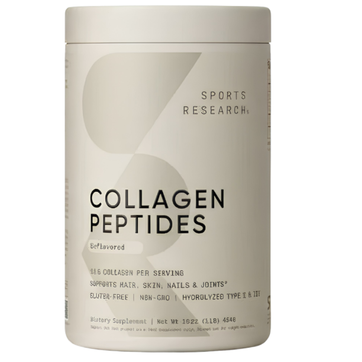 Sports Research Collagen Peptides unflavored powder 16 ounce jar front view for radiant skin and joint support.
