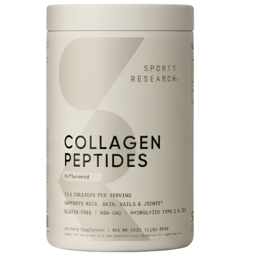 Sports Research Collagen Peptides unflavored powder 16 ounce jar front view for radiant skin and joint support.