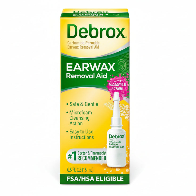 Debrox Ear Wax Removal Drops 0.5 Fluid Ounce front view package for gentle ear cleansing.