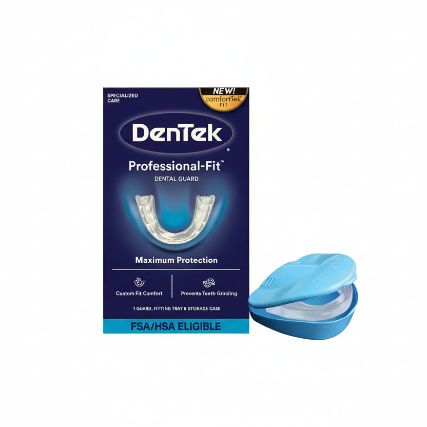DenTek Professional Fit Maximum Protection Dental Guard front view of packaging featuring the premium USA imported mouth guard kit.
