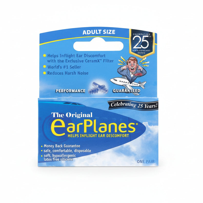 EarPlanes Original Adult flight earplugs front packaging view.
