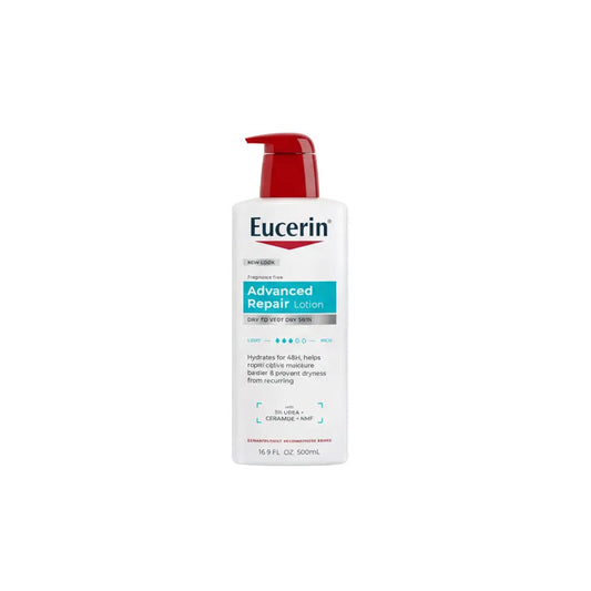 Eucerin Advanced Repair Body Lotion front view of the sixteen point nine fluid ounce white pump bottle.