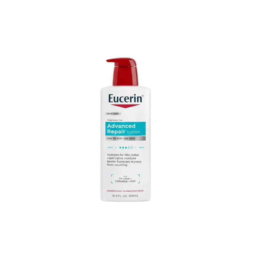 Eucerin Advanced Repair Body Lotion front view showing 16.9 fluid ounce pump bottle