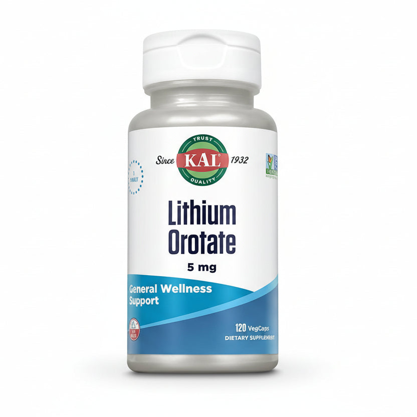 KAL Lithium Orotate 5 Milligrams 120 Veg Caps front bottle view for bioavailable brain health