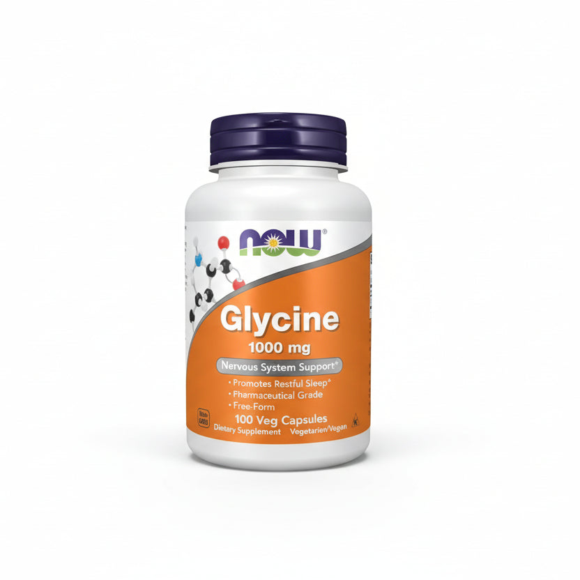 NOW Foods Glycine 1000 mg 100 Veg Capsules front bottle view for nervous system support