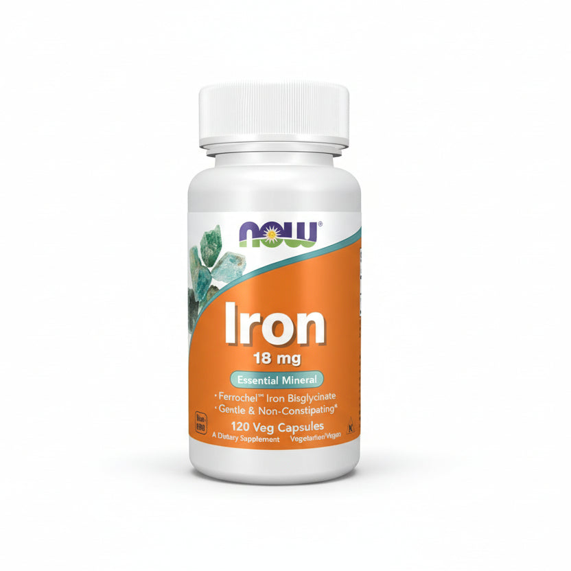 Now Foods Iron 18 Milligrams 120 Vegetable Capsules front bottle view authentic dietary supplement