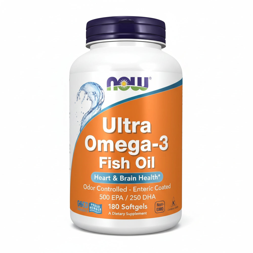NOW Foods Ultra Omega 3 Fish Oil 180 Softgels bottle front view for cardiovascular support