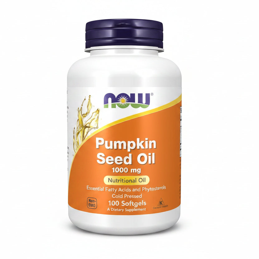 NOW Foods Pumpkin Seed Oil 1000 mg 100 softgels bottle front view for prostate health.