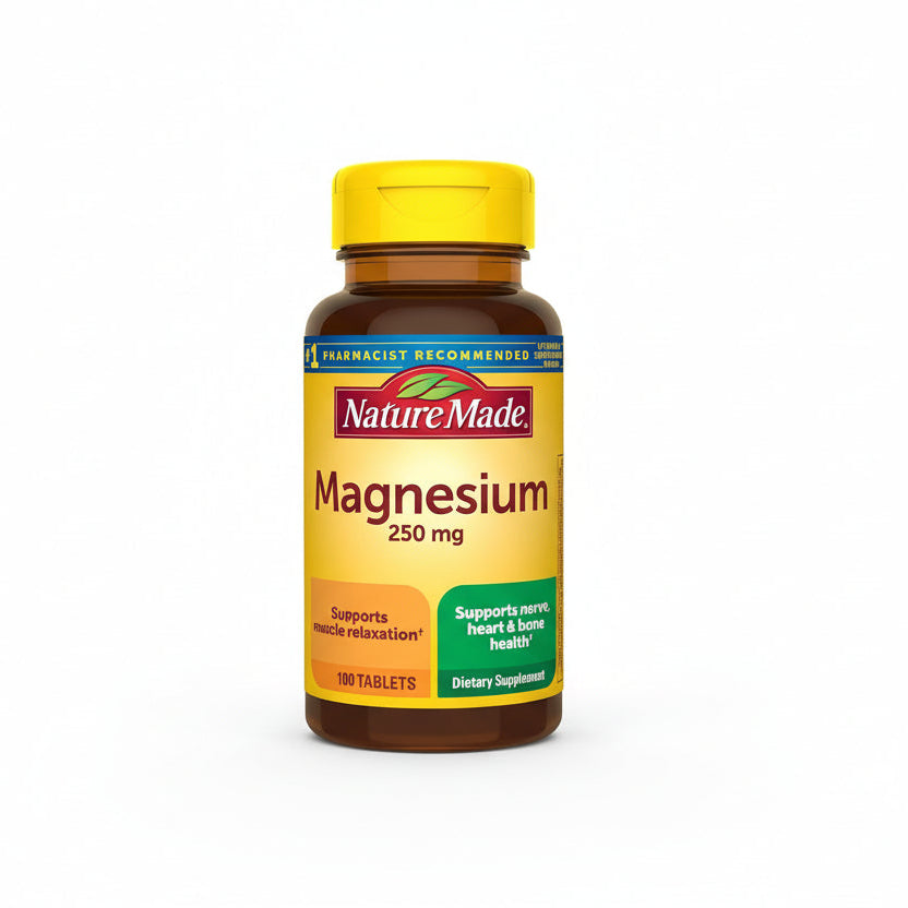 Nature Made Magnesium 250 mg 100 Tablets front view bottle for muscle relaxation