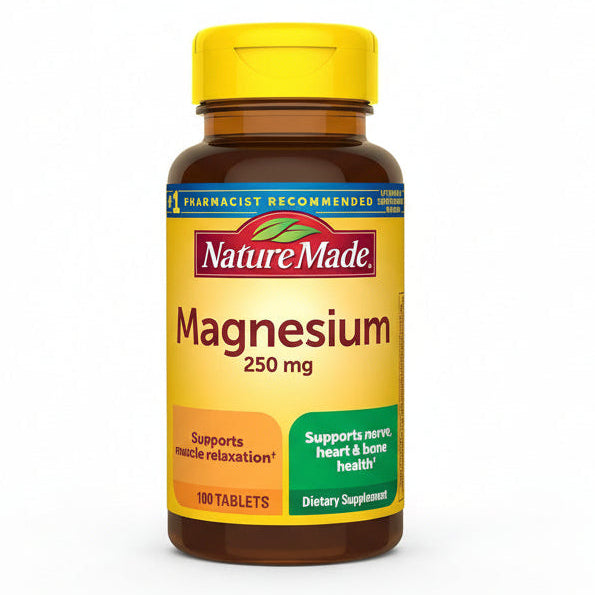 Nature Made Magnesium 250 mg 100 Tablets front view bottle for muscle relaxation