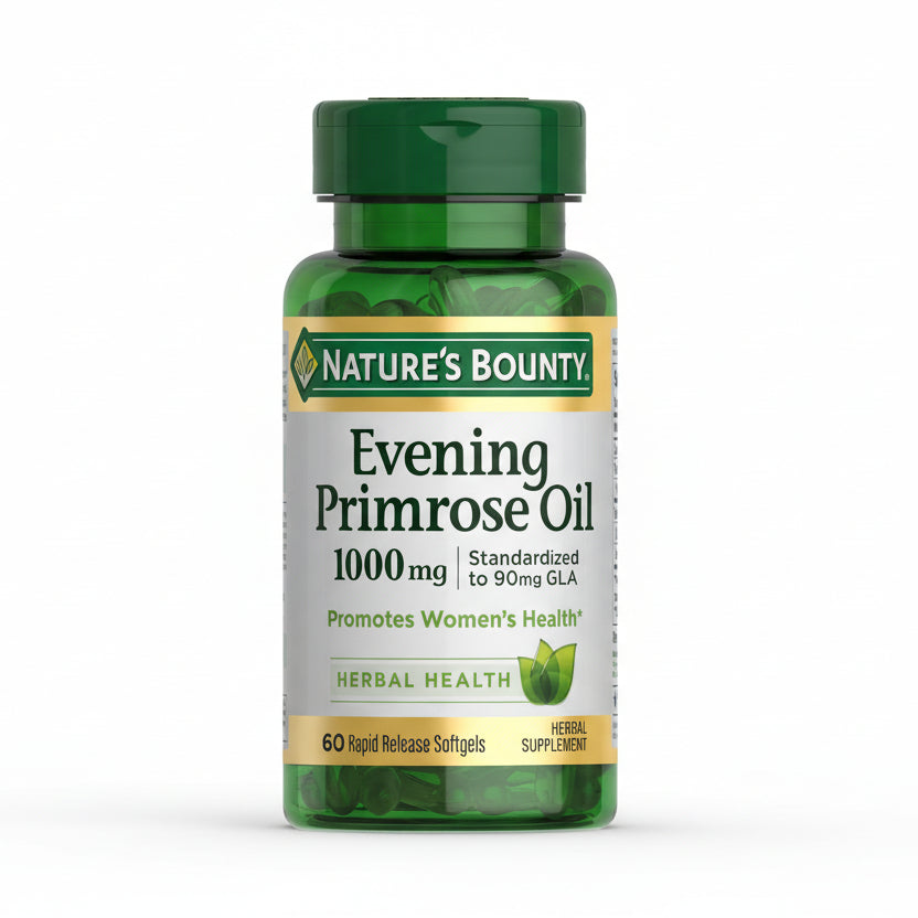 Nature's Bounty Evening Primrose Oil 1000mg 60 softgels front view for women's hormonal health
