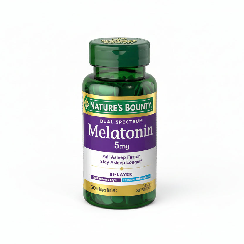 Nature's Bounty Dual Spectrum Melatonin 5mg front view bottle for premium sleep aid support