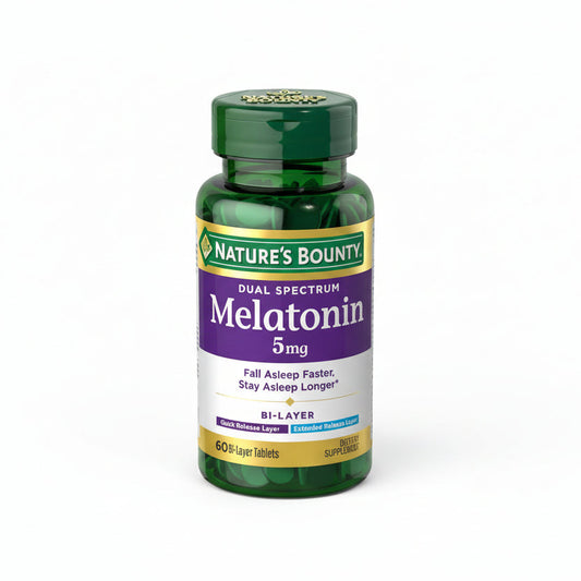 Nature's Bounty Dual Spectrum Melatonin 5mg front view bottle for premium sleep aid support
