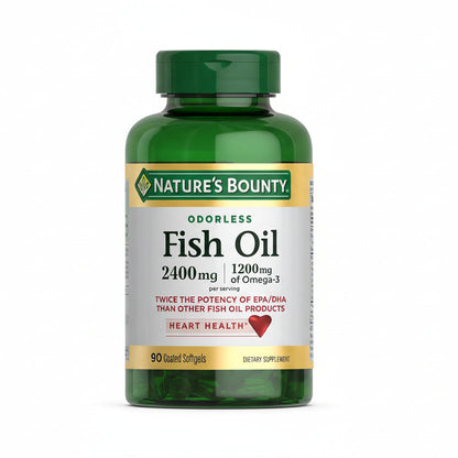 Nature's Bounty Fish Oil 2400 Milligram 90 Softgels front bottle view showing double strength omega-3 details.