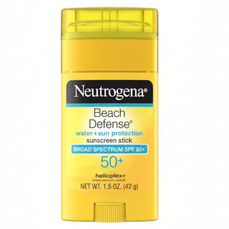 Neutrogena Beach Defense Sunscreen Stick front view showing SPF 50 plus packaging for sun protection.