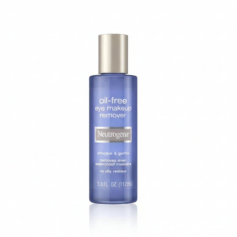Neutrogena Oil Free Eye Makeup Remover 3.8 Fluid Ounce front view bottle showcasing dual phase liquid clarity.