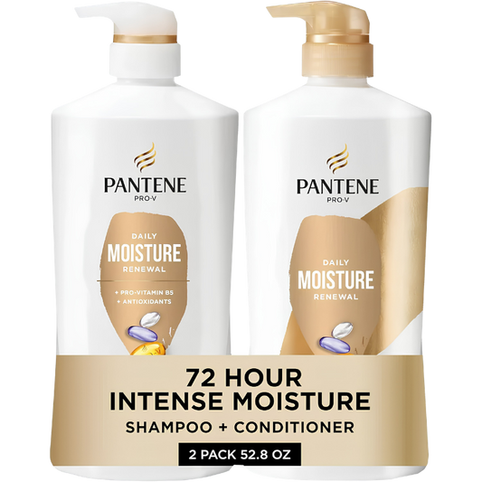 Pantene Daily Moisture Renewal shampoo and conditioner set front view showcasing the large pump bottles.