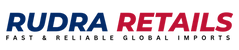 Rudra Retails logo with the words 'RUDRA RETAILS' in blue and red, and 'FAST & RELIABLE GLOBAL IMPORTS' in black, on a white background.