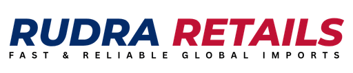 Rudra Retails logo with the words 'RUDRA RETAILS' in blue and red, and 'FAST & RELIABLE GLOBAL IMPORTS' in black, on a white background.